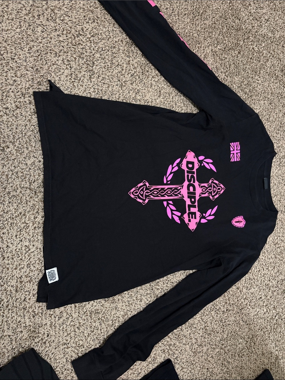 Black Long-Sleeve Graphic Tee with Pink Crest